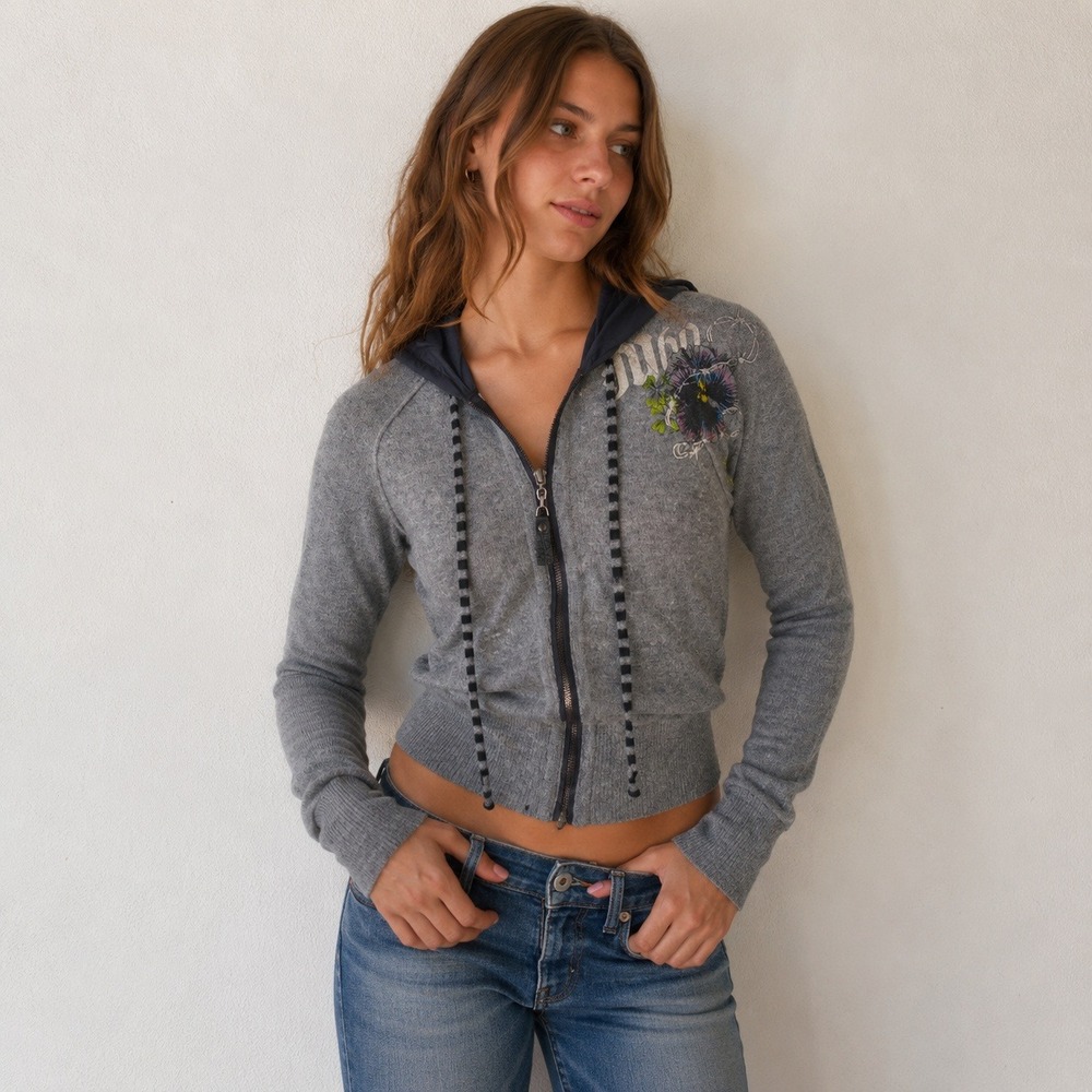 Miss Sixty Womens Sweater Small Grey Zip Up Hooded Embroidered Y2K Cyber Grunge